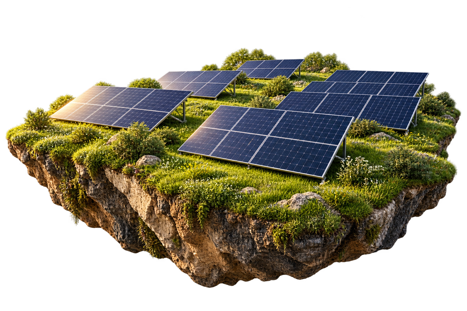 Ilustração conceptual de painéis solares sobre uma ilha de terreno flutuante